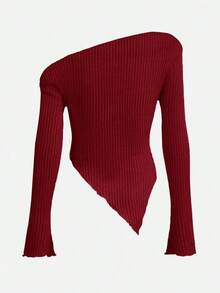 ICON Camiseta con cuello asimétrico y borde de diente de lechuga, estilo Y2K Grunge - Rojo - Ver 2