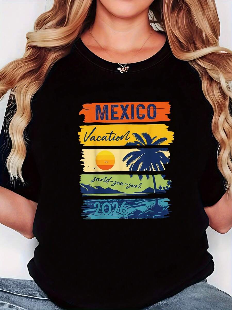 Plus Size T-Shirt With "Vacation In Mexico 51.46 Meters" Print, Black Short Sleeve Crew Neck T-Shirt - Machine Washable, Casual Style, Comfortable Fit, Modern Design, Versatile For Everyday Wear, Soft Fabric, Fashionable Style - màu đen - Xem 1