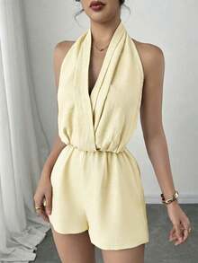 Mono elegante y romántico sin espalda con cuello halter para mujer, adecuado para fiestas, vacaciones, citas y bodas, cumpleaños - Amarillo claro - Ver 4