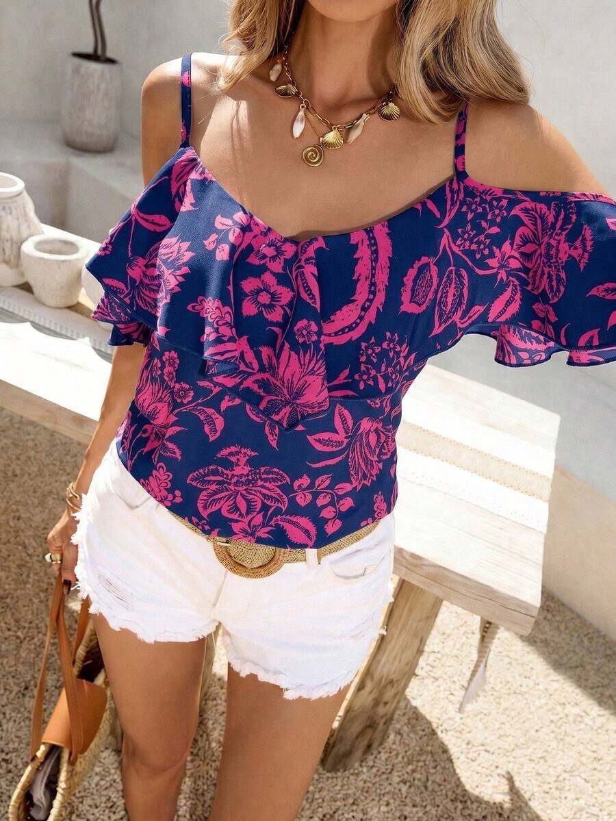 Blusa de mujer de gasa con hombros descubiertos, bajo con volantes y estampado, para primavera/verano y vacaciones - Morado - Ver 1