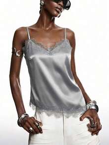 2026 Nueva blusa de satén brillante con encaje gris minimalista de primavera, camisola con adorno de encaje elegante adecuada para primavera/verano; camisa elegante adecuada para fiesta, primavera, Navidad, Año Nuevo; blusa de camisola de satén eleg - Gris - Ver 6