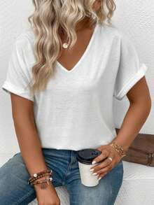 Selamara Camiseta casual versátil de talla grande con diseño de encaje y parches, nueva llegada para primavera/verano para mujeres - Blanco - Ver 5