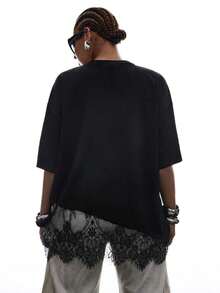 Camiseta holgada de encaje con dobladillo asimétrico a rayas para mujer de talla grande - Negro - Ver 2