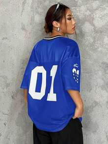 Camiseta casual de manga corta con cuello en V y estampado de letras para mujeres de talla grande - azul real - Ver 2