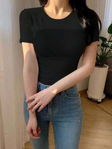 Camiseta de manga corta de corte slim con cuello redondo de color liso y versátil - Negro - Ver 1