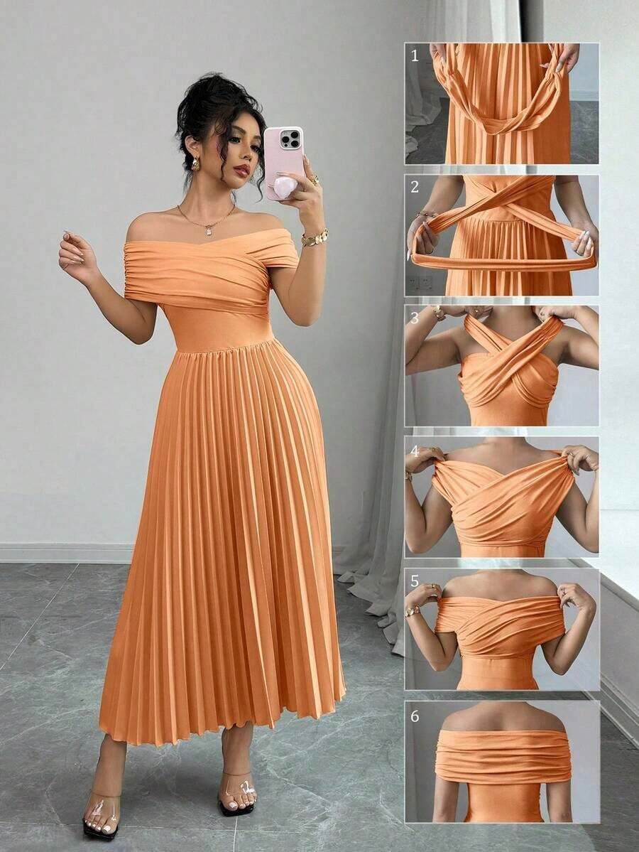 Vestido de mujer con hombros descubiertos y cintura plisada - Naranja - Ver 1