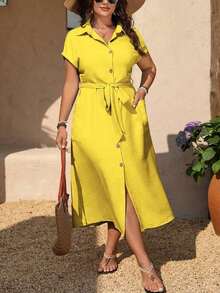 Vestido casual de talla grande para mujer con cinturón de unicolor - Amarillo - Ver 1