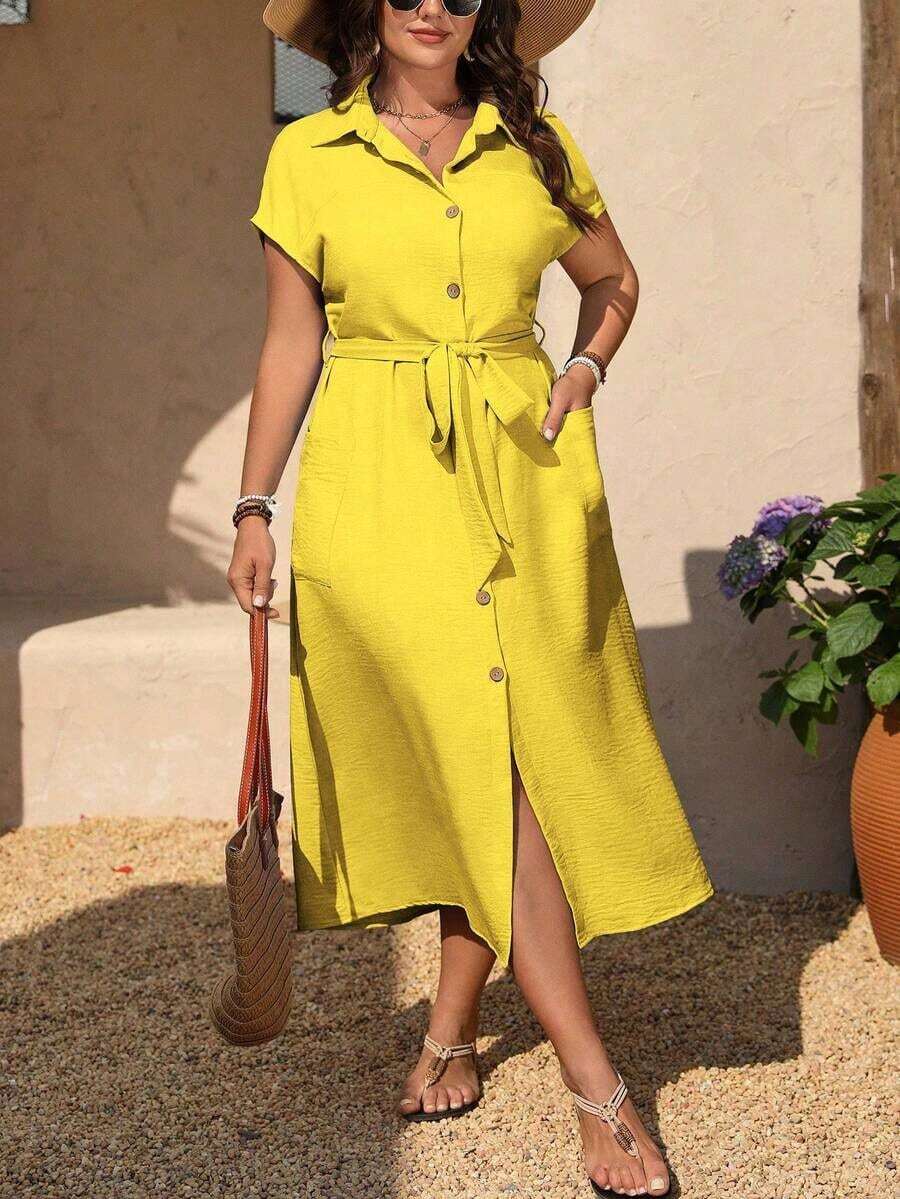 Vestido casual de talla grande para mujer con cinturón de unicolor - Amarillo - Ver 1