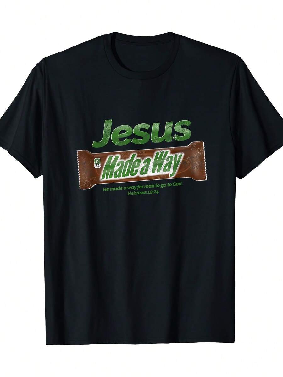 "Leading The Way" Print T-Shirt - Casual Christian Gift For Men, 100% Cotton, Short Sleeve, Crew Neck, Geometric Design, Machine Washable, Casual Crew Neck T-Shirt - 黑色 - 查看 1