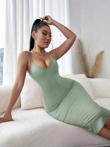 Vestido ajustado unicolor tejido de canalé - verde menta - Ver 1