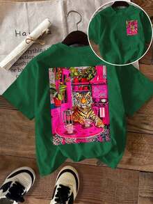 Summer Offer: Women's Pure Cotton T-Shirt, Short Sleeve T-Shirt With Urban Casual Graphic Design, Cute Summer Top, Stylish Pure Cotton T-Shirt. - 綠色的 - 查看 5