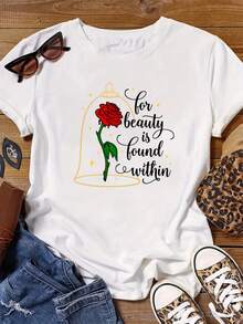 Fashionable Short-Sleeved Plus-Size T-Shirt With Round Neck And Letter And Flower Print. - 白色 - 查看 1