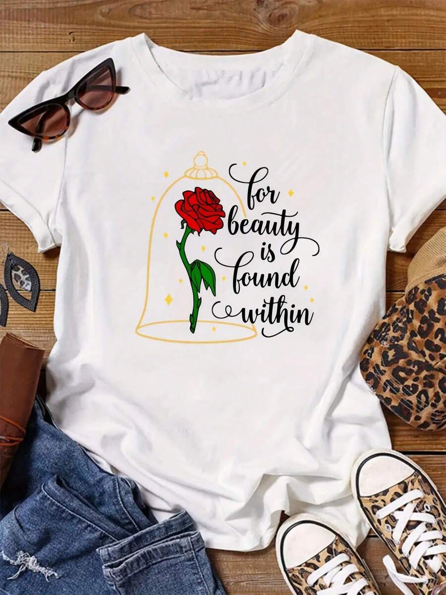 Fashionable Short-Sleeved Plus-Size T-Shirt With Round Neck And Letter And Flower Print. - 白色 - 查看 1