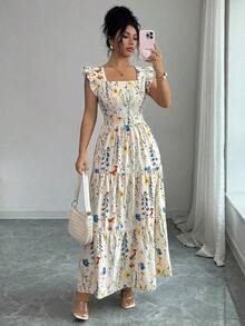 Women's Dress With A Square Neckline, Fitted Waist, And Flared Sleeves In A Multicolored Print. Elegant And Sophisticated, Suitable For Valentine's Day, Easter, Labor Day, Birthdays, Dates, Parties, Formal Occasions, Teacher Outfits, High-Vibe Looks, Travel And Vacations, Streetwear, Spring And Summer. - 灰色 - 查看 3