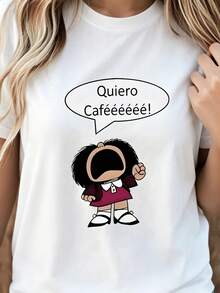 Women's Coffee Themed T-Shirt - Cute Casual Summer Top With Round Neck And "I Want Coffee" Slogan Print, Machine Washable Blouse With Coffee Cup And Bean Design For Casual Wear (For Coffee Lovers) - 黑色 - 查看 1