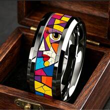 8mm Steel Color Tungsten Carbide Beveled Edge Ring, Decorated With Picasso Style Abstract Human Face Pattern, Artistic 3D Personalized Ring, Comfortable Fit Unisex Jewelry, Suitable As Gift For Art Lovers - Abstract Human Face - View 6