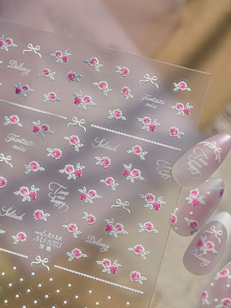 1张压纹粉色花朵美甲贴纸，精致玫瑰和“Delicate”字母印花，防水自粘美甲贴花 - 彩色 - 查看 1