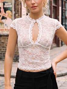 Chaqueta de cuello V con llavero para mujeres camisetas de encaje delgadas de moda de manga corta en verano - Blanco - Ver 5