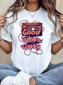 Women's Retro Cassette "Good Vibes Only" T-Shirt - Cartoon Slogan Decoration, Neon Pink-Purple, Casual Short Sleeve, Vintage Top Great For Parties, Comfortable Everyday Wear In Spring/Summer, 100% Pure Cotton. Suitable For Spring, Summer And Autumn. - 白色 - 查看 7