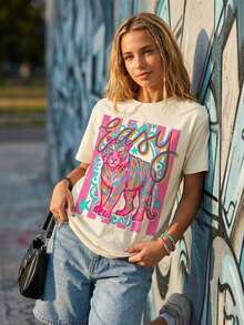 Camiseta con Estampado de Tigre Estilo Preppy, Camiseta Casual de Cuello Redondo, Ropa de Verano para Mujer, Ropa Y2k, Streetwear, 100% Algodón - Albaricoque - Ver 3