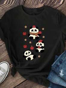 Camiseta de Mujer con Estampado "Apple Panda" |   Camiseta Casual de Manga Corta, Suave y Transpirable, Elasticidad Moderada, Lavable a Máquina, Cuello Redondo, 100% Algodón, Camiseta para M - Negro - Ver 3