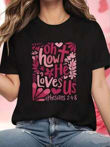 Regalo: 1 camiseta de algodón casual con estampado de cruz de amor para mujer, cuello redondo, tejido de punto de elasticidad media, corte regular para damas, ideal para primavera/verano/otoño, Pascua, Día de la Madre, Día de la Independencia. Suave. - Negro - Ver 1