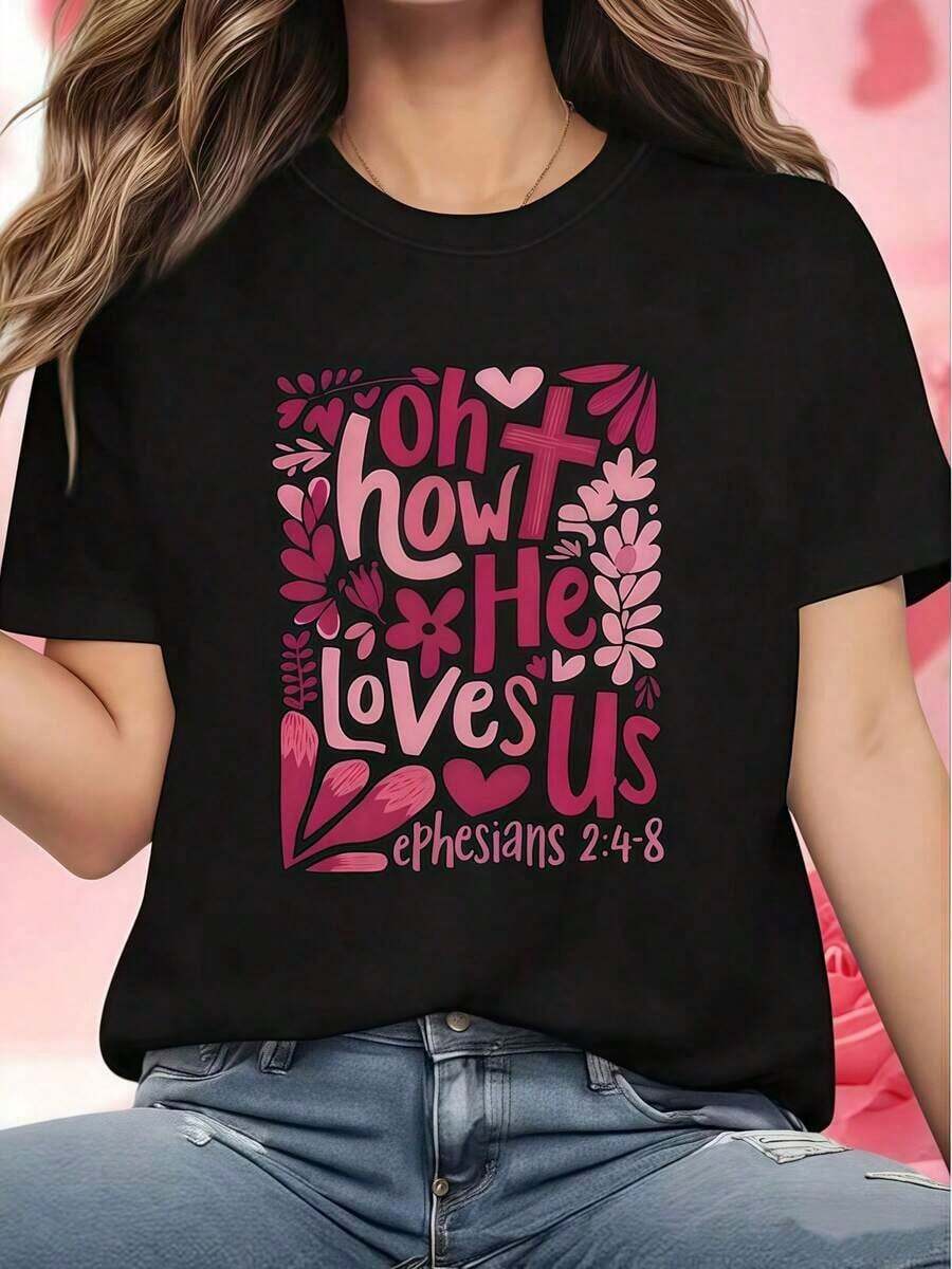 Regalo: 1 camiseta de algodón casual con estampado de cruz de amor para mujer, cuello redondo, tejido de punto de elasticidad media, corte regular para damas, ideal para primavera/verano/otoño, Pascua, Día de la Madre, Día de la Independencia. Suave. - Negro - Ver 1