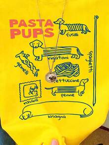 Camiseta de manga corta con cuello redondo para mujer, con estampado de perrito pasta, de alta elasticidad, estilo estándar italiano, cómoda y casual, adecuada para el verano, color blanco. - Amarillo - Ver 3