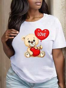 Camiseta de Cuello Redondo Estampada para Mujer, Oso de Peluche Sosteniendo un Globo con Corazón, Ropa para Fiestas y Festivales de Amor - Estilo Vintage Urbano, Unisex, de Algodón, Manga Corta, Cuello Redondo, Blusas para Mujer. blusas.blusas casuales para dama.Impresión de osos cariñosos.Camiseta estampada Impresión de osos cariñosos. - Blanco - Ver 4