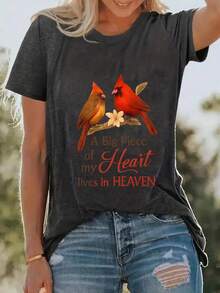 Camiseta de Verano Premium para Mujer con Estampado de Pájaros, Manga Corta, Cuello Redondo, Ropa Casual de Primavera/Verano para Mujer - Negro - Ver 10