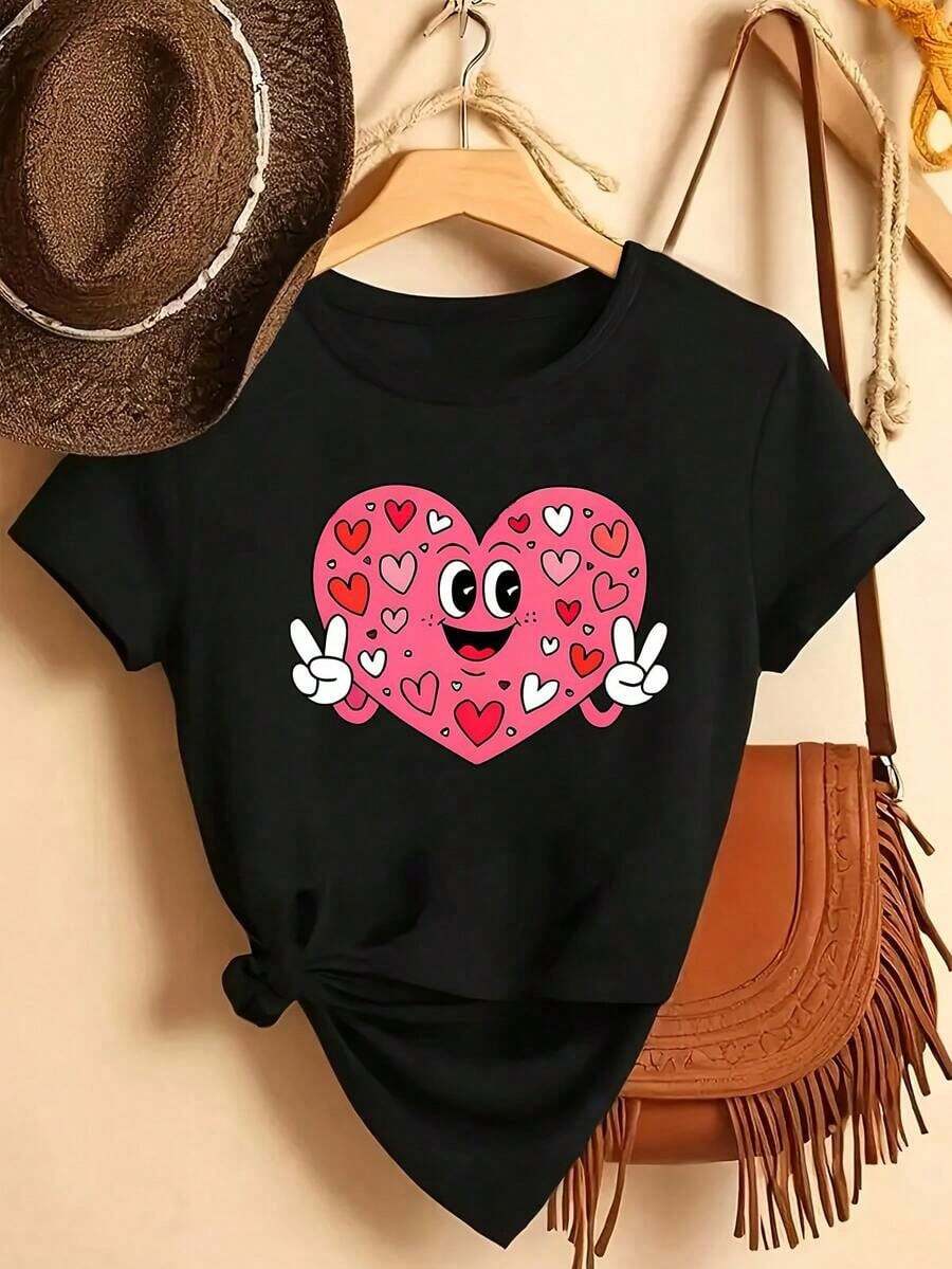 FashionNEW Simple And Versatile Design, 1 Piece, Cartoon Heart Print Cotton T-Shirt, Casual Fashion For Daily Wear, Crew Neck, Short Sleeve.-Vintage Street Style Unisex Loose Cotton Short Sleeve Crew Neck T-Shirt - 黑色 - 查看 1