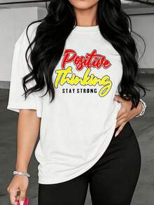 Camiseta de mujer de corte holgado, opciones de color y blanco, pensamiento positivo, mantente fuerte, impresión gráfica, cita motivacional, cuello redondo, manga corta, top casual de verano para mujeres, ropa de calle a, camisetas de uso diario, tops de verano, camisetas gráficas, atuendos de verano para mujeres, camisetas gráficas, tops cortos para mujeres, tops para mujeres, vintage, algodón, ropa linda, atuendo de Navidad para mujeres, vestidos elegantes de mujerSuitable for spring, summer and autumn - Blanco - Ver 7