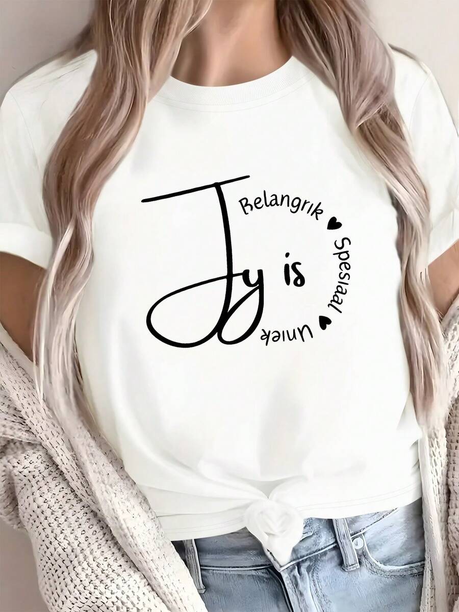 Women's Lightweight And Breathable One-Piece Outfit, Loose Fit, For Spring/Summer. J'Jy Presents A Unique And Special Design. T-Shirt, Round Neck, Short Sleeves, Fashionable Casual Top, Stylish Party Outfit, Loose Fit, Holiday Gift, Fun Design, Everyday Wear, Loungewear, Mix-And-Match Sets For Spring And Fall. - 白色 - 查看 1