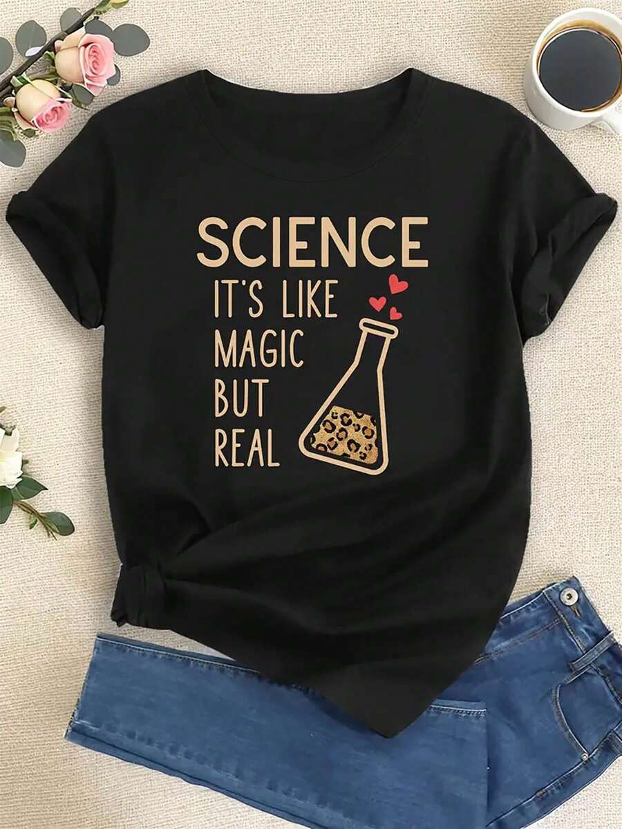 Camiseta Ligera y Transpirable para Mujer con Estampado de Texto "SCIEN IT'S LIKE MAGIC BUT REAL", Cuello Redondo, Manga Corta, para Primavera y Verano, Ideal para Combinar en Primavera y Otoño - Negro - Ver 1