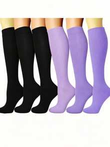 1/6 Pairs Sports Compression Socks, Elastic Long Solid Color Socks, Y2k, Cozy - Multicolor - View 25