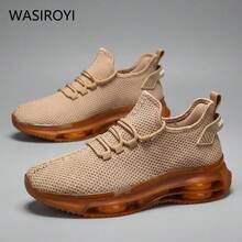 WASIROYI 1 Pair Men's Breathable Knit Sneakers - Casual Lace-Up Trainers With Air Cushion, Non-Slip PVC Outsole, Fabric Upper, Lining And Insole, Synthetic Sole, Solid Color, Suitable For All Seasons - Khaki - View 2