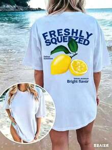 FRESHLY SQUEEZED Casual Short Sleeve Crew Neck T-Shirt With Lemon Vacation Graphic Print, Plus Size, Unisex, Casual Short Sleeve T-Shirts For Men And Women, 100% Cotton - 白色 - 查看 3