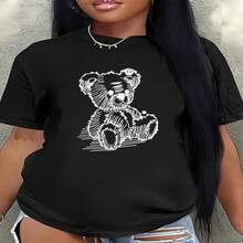 Women's Casual Retro Teddy Bear Print T-Shirt, Short Sleeve Round Neck Cotton Tee With High Stretch Fabric, Regular Length Top For Everyday Wear - 黑色 - 查看 1