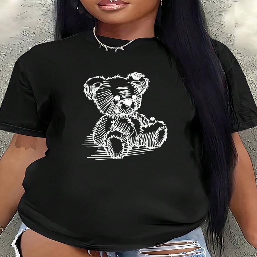Women's Casual Retro Teddy Bear Print T-Shirt, Short Sleeve Round Neck Cotton Tee With High Stretch Fabric, Regular Length Top For Everyday Wear - 黑色 - 查看 1