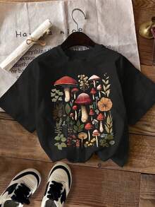 Women's Mushroom Print T-Shirt - Casual Short-Sleeved Round Neck Top, Soft, With Mushroom And Leaf Design In White And Brown, Breathable And Suitable For All Seasons, Earth-Toned T-Shirt For Spring And Summer (Machine Washable) - Everyday Wear Inspired By Nature, 180g, 100% Cotton. - 黑色 - 查看 6