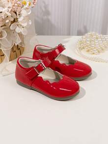 Cute Girls' Scalloped Trim Mary Jane Princess Ballet Flats, Solid Color - Red - View 3