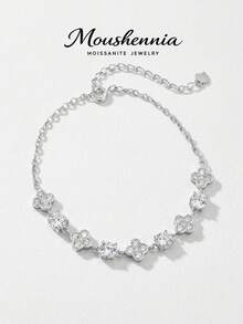 MOUSHEENIA 925 Sterling Silver Moissanite Clover Bracelet, D Color Round Cut Lab-Grown Diamond. Sparkling Chain. Wedding Jewelry. Gift For Her, Wife, Anniversary. - Silver - View 2