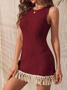 1 pieza Body sin mangas de mujer con textura de malla y flecos largos, estilo elegante - Burdeos - Ver 6