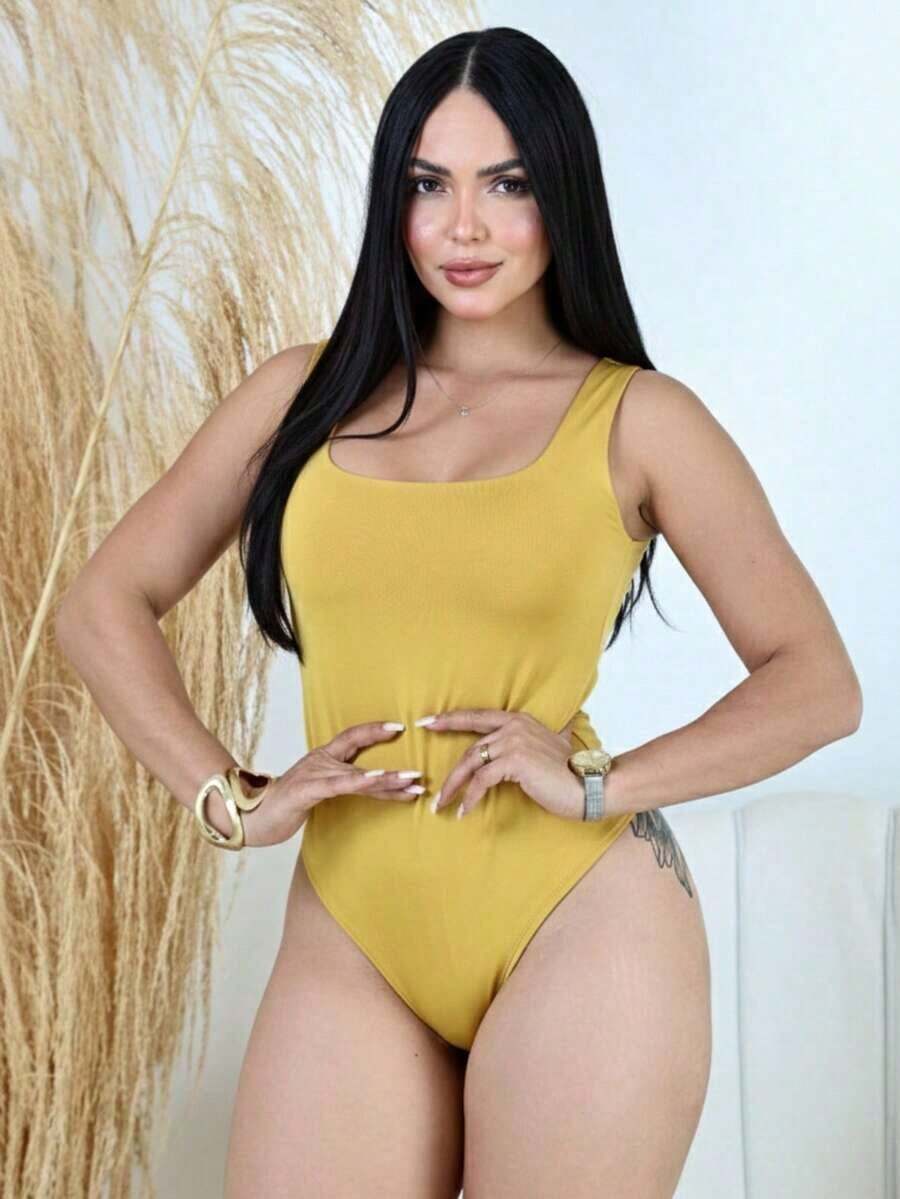 BODY REGATA TENDENCIA MODA FEMININA - Amarelo mostarda - Visão 1
