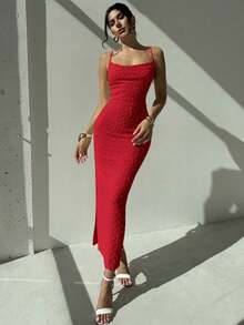 Elegante vestido largo ajustado con escote drapeado de tirantes tipo espagueti, con detalle de pliegues y abertura, de color azul, ideal para citas, bodas, primavera/verano - Rojo - Ver 3