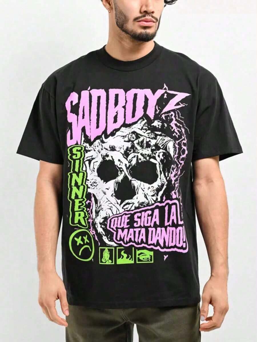 Camiseta hombre cuello redondo y manga corta. Estilo casual con estampados modernos y cómodos. Para hombres y mujeres, estilo pareja, pareja, camiseta de manga corta con estampado de moda - Negro 3 - Ver 1