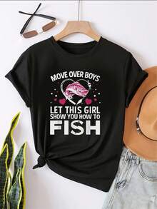 Women's Vintage Short Sleeve Fishing T-Shirt - With The Slogan "Get In Line, Let Me Teach You How To Fish", Pink And White Outer Design, Round Neck, Short Sleeve, Suitable For Fishing Trips, Daily Wear And As A Gift. - 黑色 - 查看 1