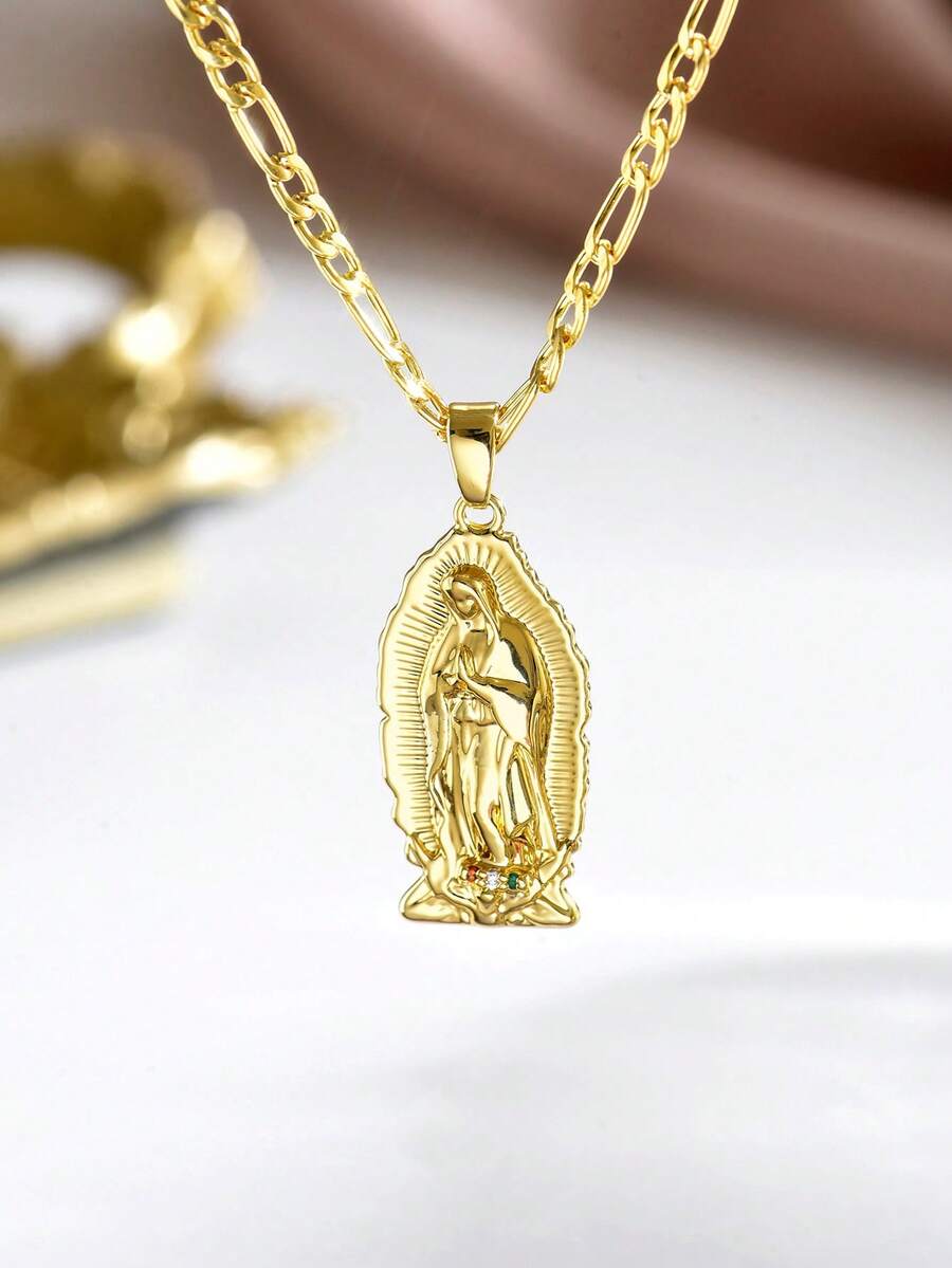女士复古瓜达卢佩圣母玛利亚吊坠项链,镶嵌彩色锆石,宗教饰品;女士复古多色锆石瓜达卢佩圣母项链,宗教礼物;波西米亚复古彩色锆石瓜达卢佩圣母玛利亚吊坠项链,女士款 - 金黃色 - 查看 1