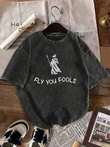Women's Casual Short Sleeve Crew Neck T-Shirt With "Fly You Fools" Print, Everyday Wear, Gandalf T-Shirt, Middle-Earth Fantasy Gift, Fashionable Summer Top In Black - 白色 - 查看 1