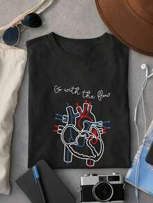 Follow The Flow, Comfortable Casual T-Shirt For Nurses, Gift For CVICU Nurses, Nurse Appreciation Gift, Cardiac Nurse, EKG Technician, Cotton Cardiology Crew Neck T-Shirt, Cardiac Nursing, Cardiac Crew Neck T-Shirts, Cardiac Flow Anatomy, Anatomical Heart, Cardiac Surgeon, Medical Student ODT-559 - 黑色 - 查看 1